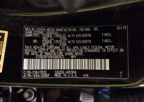 2019 Toyota Highlander Le from USA, damaged, VIN 5TDBZRFH2KS980637